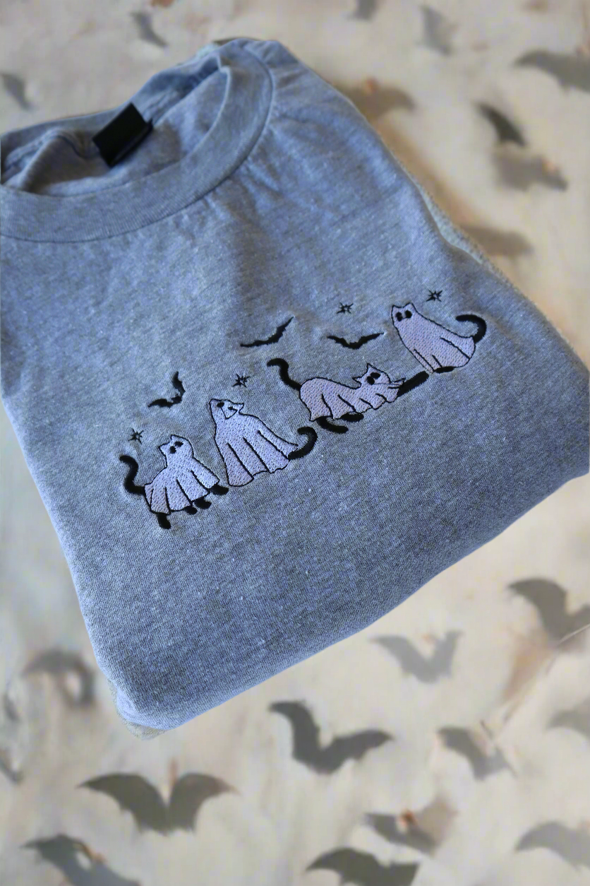Halloween Ghost Cats , Embroidered Hoodie or Crewneck, Long Sleeve, Unisex, Adult