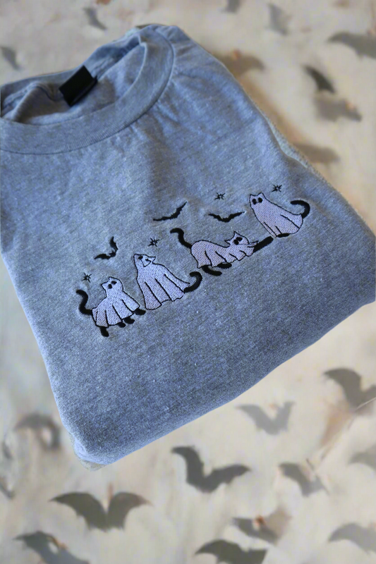 Halloween Ghost Cats , Embroidered Hoodie or Crewneck, Long Sleeve, Unisex, Adult