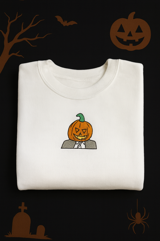 Halloween Pumpkin Head Businessman, Embroidered Hoodie or Crewneck, Long Sleeve, Unisex, Adult