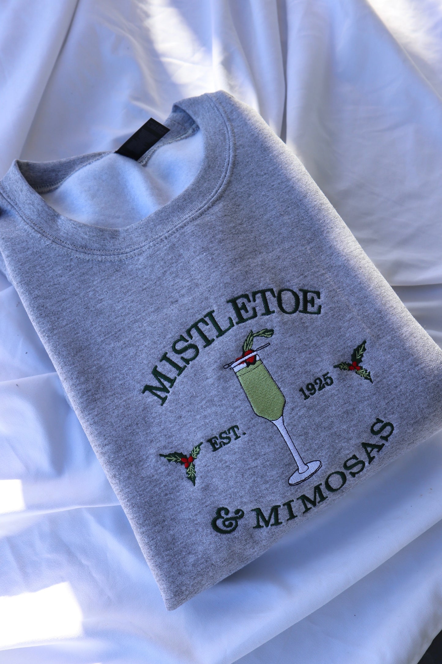 Embroidered Christmas Mistletoe and Mimosas Hoodie or Crewneck, Holiday Sweatshirt, Unisex, Classic Fit, Long Sleeve, Adult