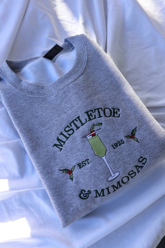 Embroidered Christmas Mistletoe and Mimosas Hoodie or Crewneck, Holiday Sweatshirt, Unisex, Classic Fit, Long Sleeve, Adult